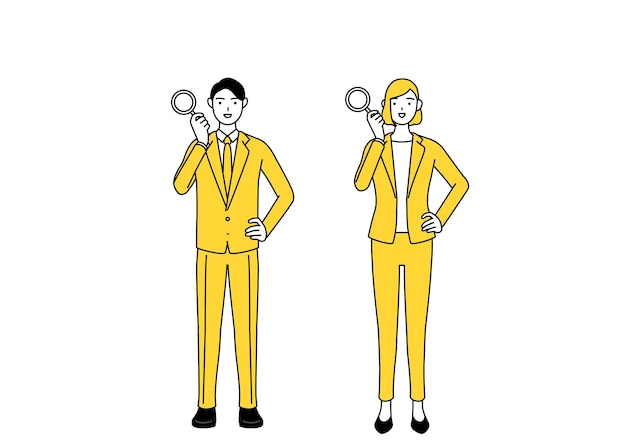 Simple line drawing illustration of businessman and businesswoman in a suit looking through magnifying glasses