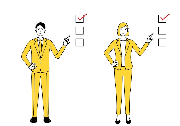 Simple line drawing illustration of businessman and businesswoman in a suit pointing to a checklist
