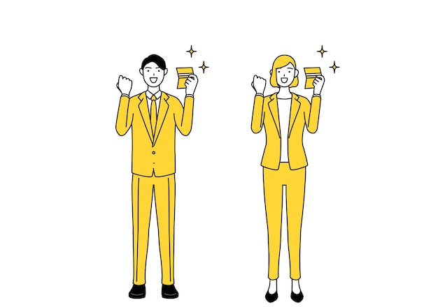 Vector simple line drawing illustration of businessman and businesswoman in a suit who is pleased to see a bankbook