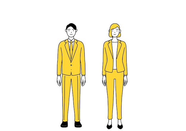 Simple line drawing illustration of businessman and businesswoman in a suit with his hands folded in front of his body