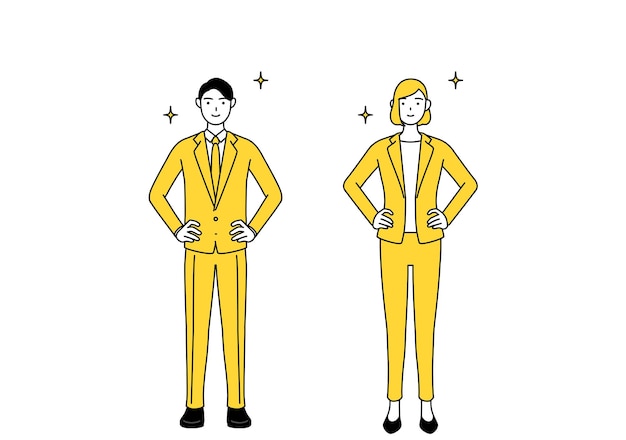 Vector simple line drawing illustration of businessman and businesswoman in a suit with his hands on his hips