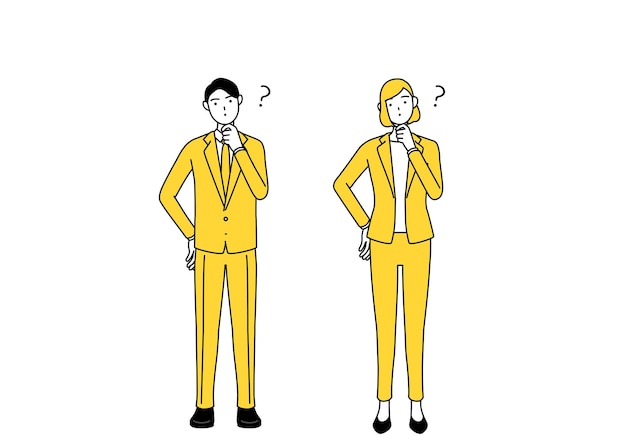 Vector simple line drawing illustration of businessman and businesswoman in a suit with questions