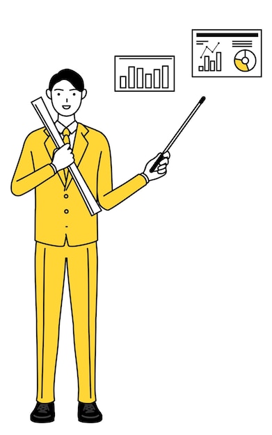 Simple line drawing illustration of a businessman in a suit analyzing a performance graph