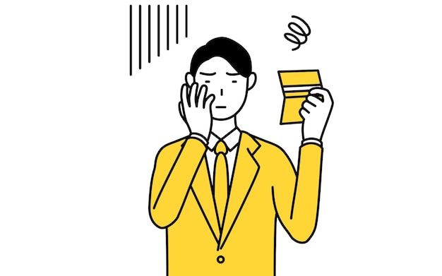 Simple line drawing illustration of a businessman in a suit looking at his bankbook and feeling depressed