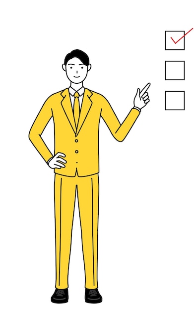 Simple line drawing illustration of a businessman in a suit pointing to a checklist