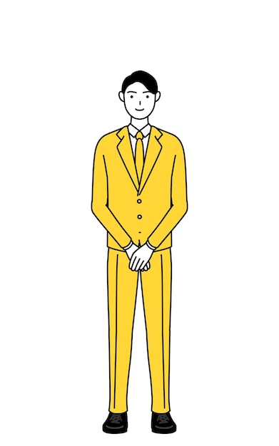 Simple line drawing illustration of a businessman in a suit with his hands folded in front of his body