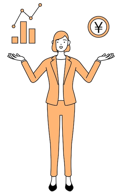 Simple line drawing illustration of a businesswoman in a suit guiding an image of DXingperforwomance and sales improvement