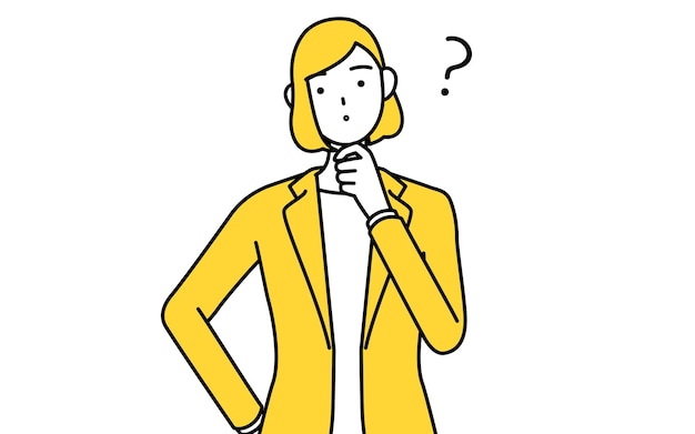 Simple line drawing illustration of a businesswoman in a suit with questions