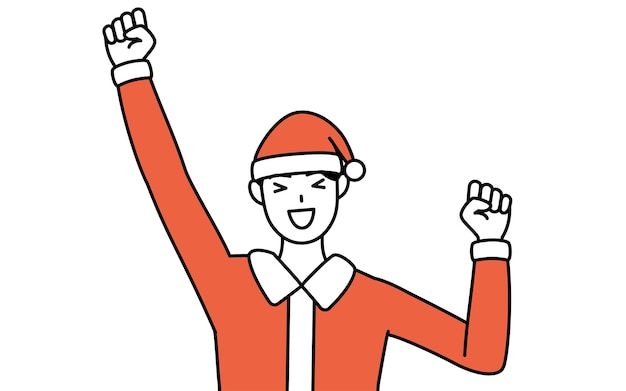 Simple line drawing illustration of a man dressed as Santa Claus smiling and jumping
