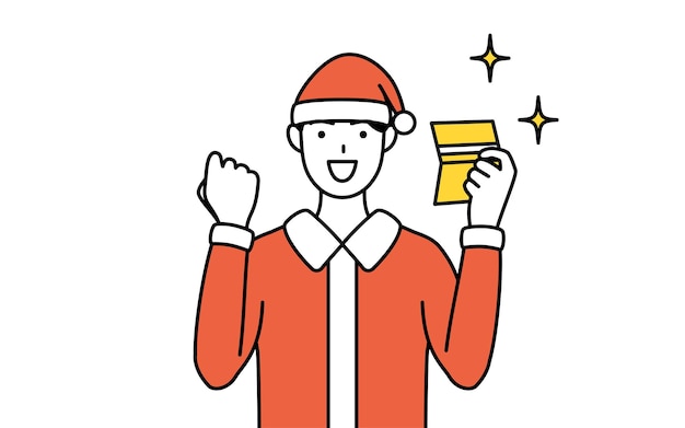 Simple line drawing illustration of a man dressed as Santa Claus who is pleased to see a bankbook