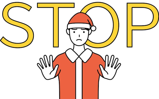 Simple line drawing illustration of a man dressed as santa claus with his hand out in front of his bodysignaling a stop