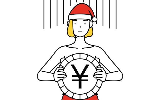 Простая иллюстрация рисования линии женщины, одетой как санта-клаус, изображение потери курсовой разницы или обесценивания иены