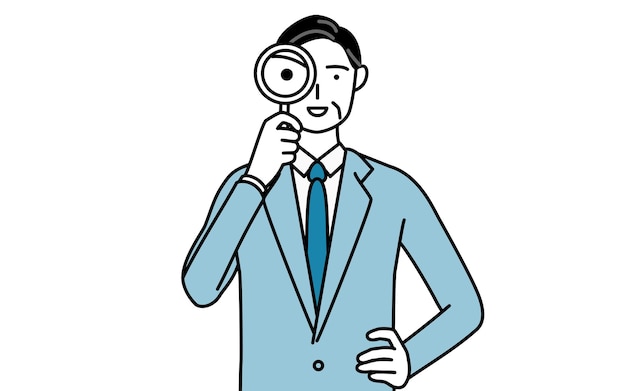 Simple line drawing illustration of a Senior businessmen executives managers and presidents looking through magnifying glasses