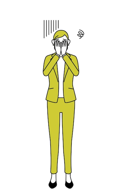 simple line drawing illustration of a senior woman in suitfemale manager career woman covering his face in depression