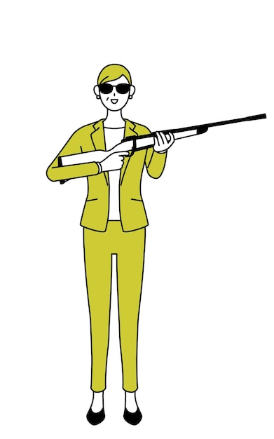 Simple line drawing illustration of a senior woman in suitfemale manager career woman wearing sunglasses and holding a rifle