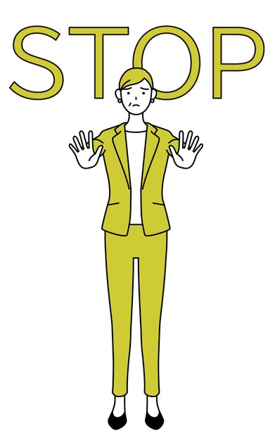 Simple line drawing illustration of a senior woman in suitfemale manager career woman with his hand out in front of his bodysignaling a stop