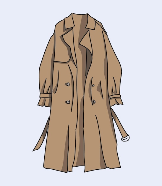 Simple line drawing illustration of a trench coat beige style female cloth trendy image