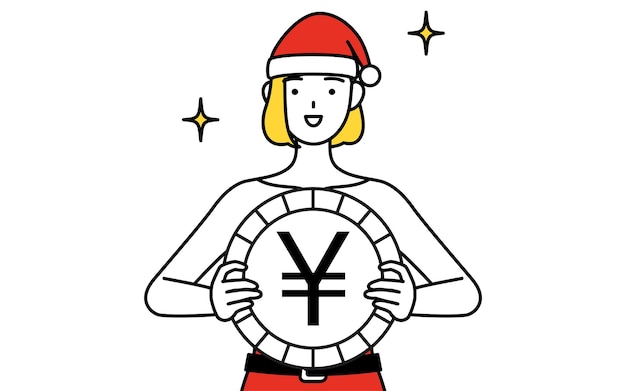 Simple line drawing illustration of a woman dressed as Santa Claus an image of foreign exchange gains and yen appreciation