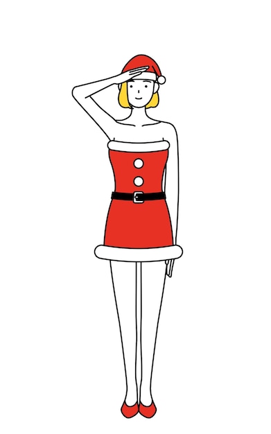 Simple line drawing illustration of a woman dressed as Santa Claus making a salute