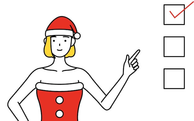 チェックリストを指差すサンタクロースの格好をした女性のシンプルな線画イラスト