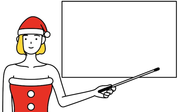 Simple line drawing illustration of a woman dressed as Santa Claus pointing at a whiteboard with an indicator stick