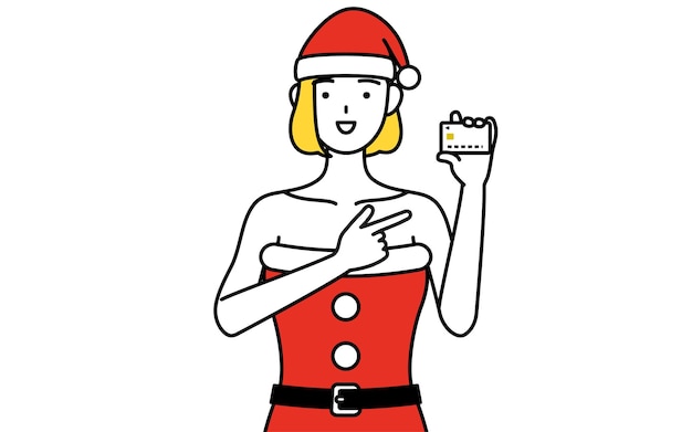 Simple line drawing illustration of a woman dressed as Santa Claus recommending credit card payment