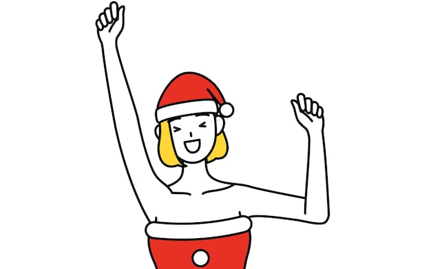 Simple line drawing illustration of a woman dressed as santa claus smiling and jumping