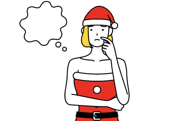 Simple line drawing illustration of a woman dressed as Santa Claus thinking while scratching her face