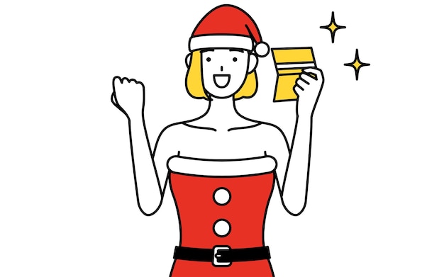 Simple line drawing illustration of a woman dressed as Santa Claus who is pleased to see a bankbook