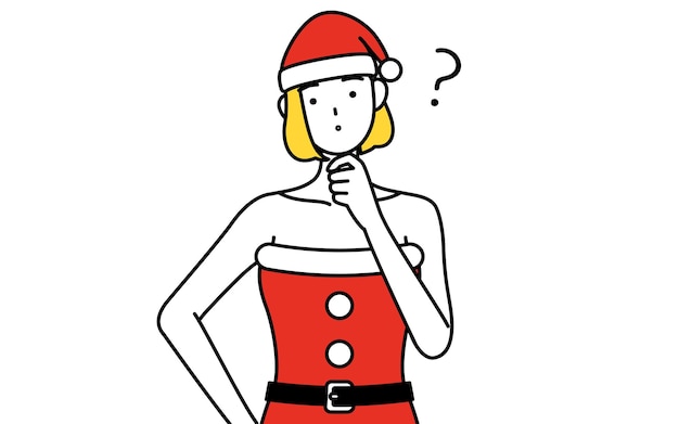 Simple line drawing illustration of a woman dressed as santa claus with questions