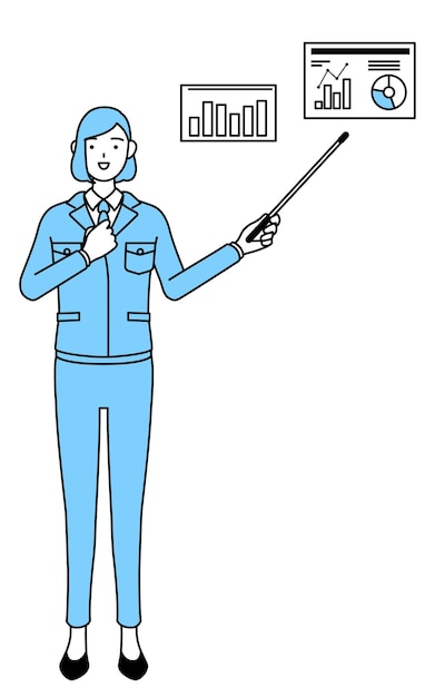 Simple line drawing illustration of a woman in work wear analyzing a performance graph an image of DXing