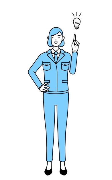 Simple line drawing illustration of a woman in work wear coming up with an idea