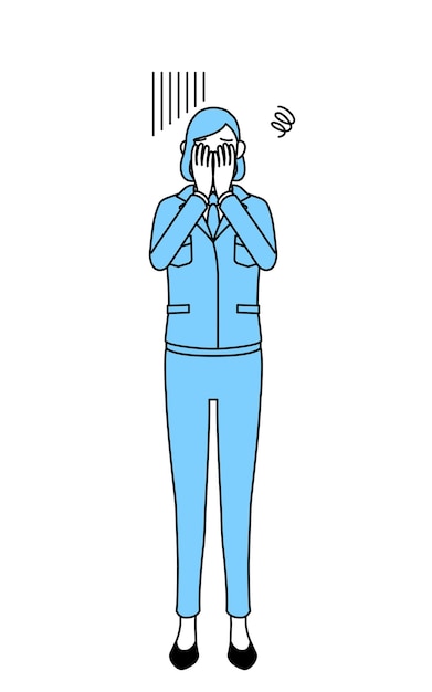 Simple line drawing illustration of a woman in work wear covering his face in depression