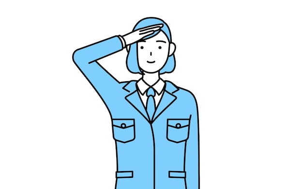 Simple line drawing illustration of a woman in work wear giving a militarystyle salute