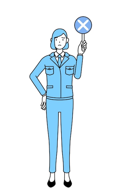 不正解を示すバットの棒を持っている作業服姿の女性のシンプルな線画イラスト