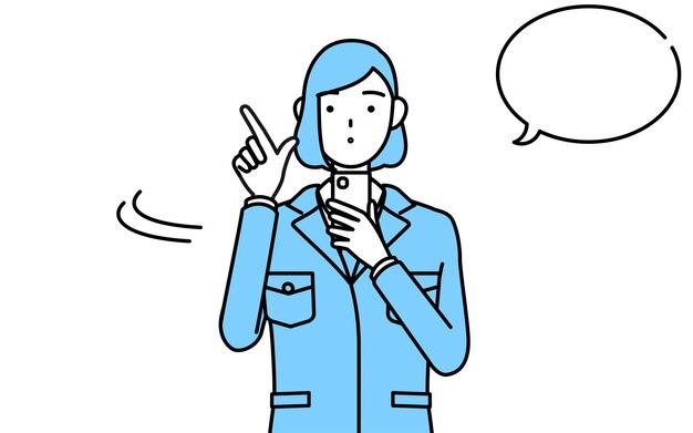 Simple line drawing illustration of a woman in work wear operating a smartphone