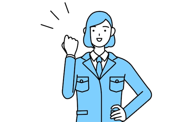 Vector simple line drawing illustration of a woman in work wear posing with guts