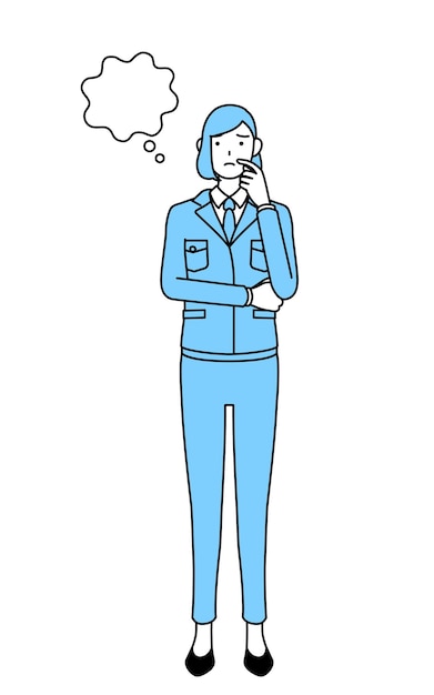 顔を掻きながら考える作業着の女性のシンプルな線画イラスト