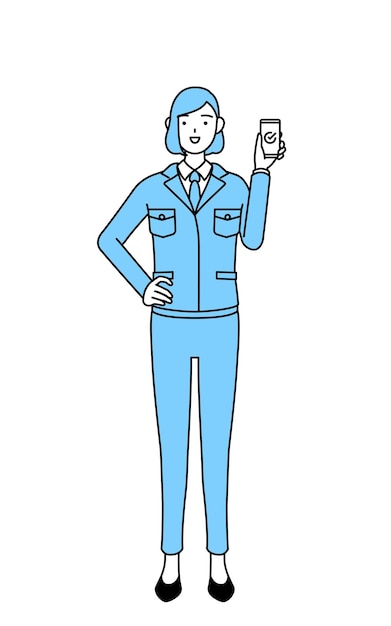 Vector simple line drawing illustration of a woman in work wear using a smartphone at work