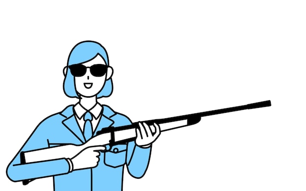 Simple line drawing illustration of a woman in work wear wearing sunglasses and holding a rifle