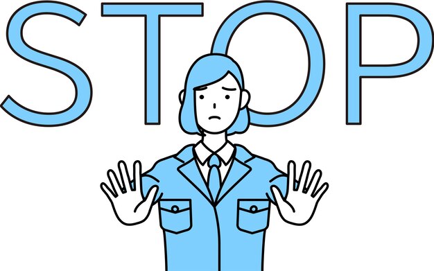 Vector simple line drawing illustration of a woman in work wear with his hand out in front of his bodysignaling a stop