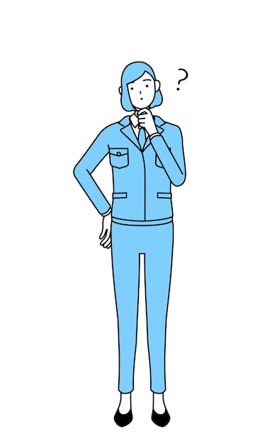 Simple line drawing illustration of a woman in work wear with questions