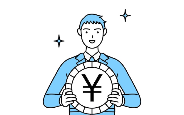 Simple line drawing of a Man in work clothes an image of foreign exchange gains and yen appreciation