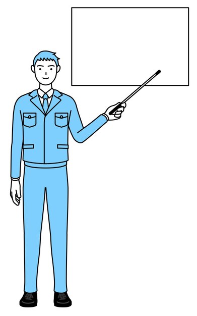 指示棒でホワイトボードを指差す作業着の男性のシンプルな線画