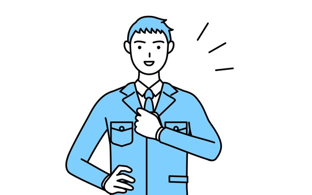 Simple line drawing of a man in work clothes tapping his chest