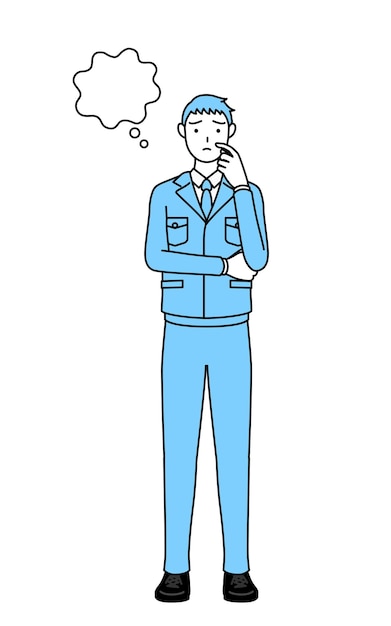 Simple line drawing of a Man in work clothes thinking while scratching his face