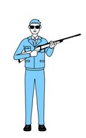 Simple line drawing of a man in work clothes wearing sunglasses and holding a rifle