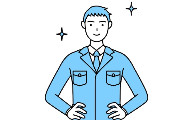 Simple line drawing of a man in work clothes with his hands on his hips