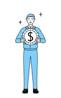Simple line drawing of a man in work clothes with images of foreign exchange gains and dollar appreciation