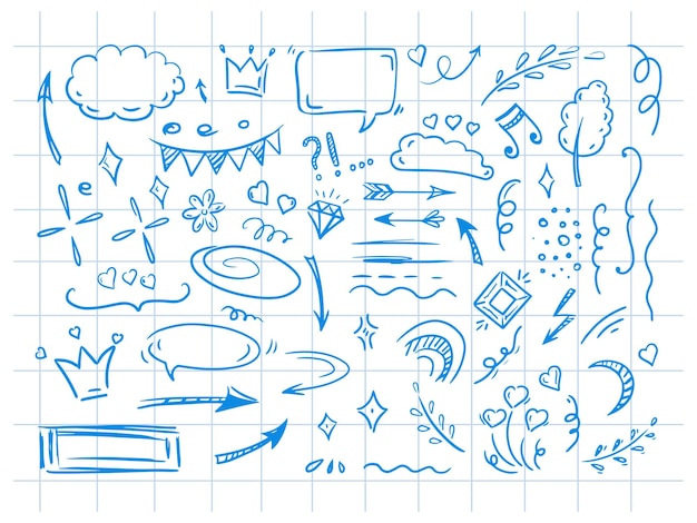 Vector simple line style elements doodle cute ink line elements on background of checkered notebook sheet